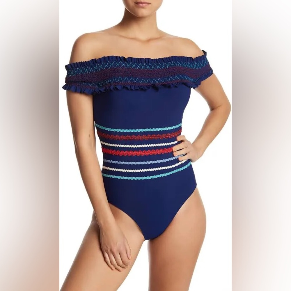 RED CARTER IPANEMA SMOCKED OFF SHOULDER ONE-PIECE SWIMSUIT